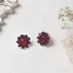 TEEJH Silver-Toned & Pink Floral Studs Earrings-41