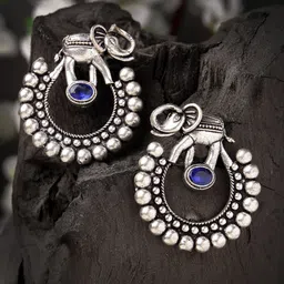 Sanjog German Silver Oxidized Stone Studded Drop Elephant Earrings-picture-7