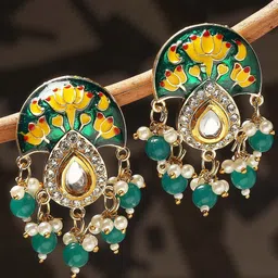OOMPH Kundan Studded & Beaded Meenakari Drop Earrings-53