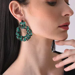 SOHI Green & Gold-Plated Contemporary Drop Earrings-image-36