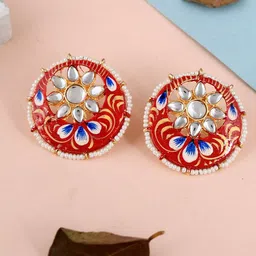 DASTOOR Brass-Plated Circular Kundan Studded Drop Earrings-picture-14