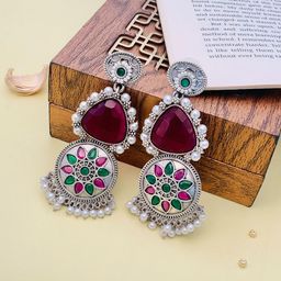 ABDESIGNS Silver-Plated Stone-Studded & Beaded Classic Drop Earrings-29
