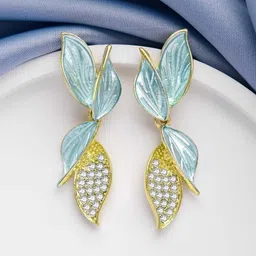 styledose Gold-Plated Artificial Stones Studded Leaf Shaped Drop Earrings-12