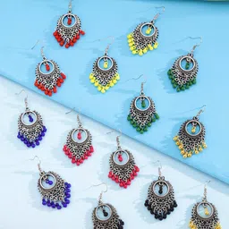 Yellow Chimes Silver-Plated Pack Of 7 Multicoloured Drop Earrings-116