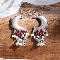 Rubans Silver Plated Oxidised Stone Studded & Beaded Peacock Motif Drop Earrings-image-49
