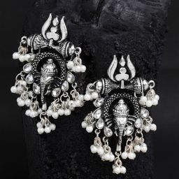 Shining Diva Silver-Toned Oxidised Classic Pearl Drops Earrings-50
