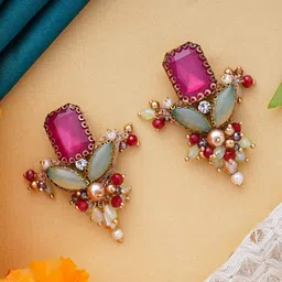 EVERSTYLISH Artificial Stones Studded And Beaded Contemporary Shaped Drop Earrings image 3