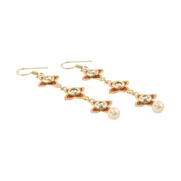 TEEJH Gold-Plated Stone-Studded & Beaded Floral Drop Earrings image 3