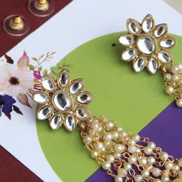 BeAbhika Kundan Studded & Beaded Tasselled Drop Earrings image 2