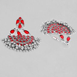 Rubans Silver-Toned & Red Stone Studded Chandbalis Earrings image 2