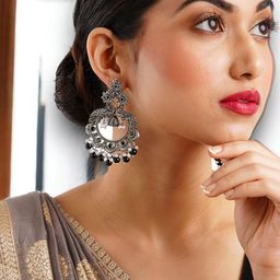 Anouk Silver-Plated Black Contemporary Drop Earrings-40