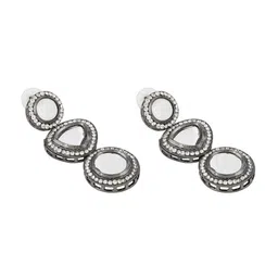 TEEJH Silver-Plated Oxidised Classic Artificial Stones Studded Drop Earrings image 3