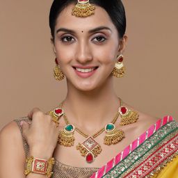 DUGRISTYLE Gold-Plated Kundan Studded & Beaded Drop Earring image 4