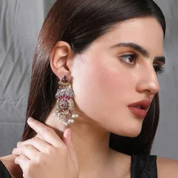 Anouk Red German Silver-Plated Beaded & Stone Studded Oxidised Classic Drop Earrings image 4