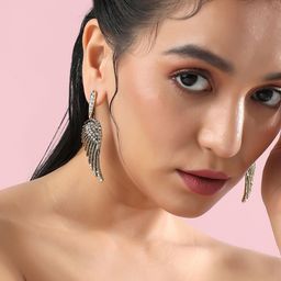 SOHI Gold-Plated Artificial Stones Studded Contemporary Drop Earrings image 2
