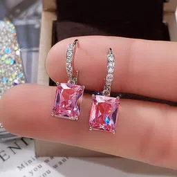 Designs & You Silver Plated Rectangular American Diamond Studded Drop Earrings image 2
