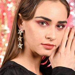 ODETTE Gold-Plated Stone-Studded Star Shaped Dangle Drop Earrings-3