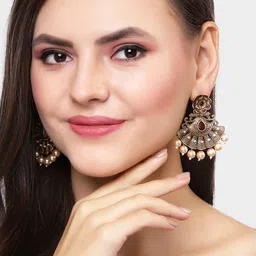 KARATCART Gold-Plated Maroon & Off-White Stone and Pearl Studded Drop Earrings image 5