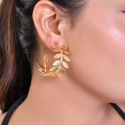 VOJ 1 Gram Gold-Plated Stainless Steel Leaf Shaped Half Hoop Earrings-2