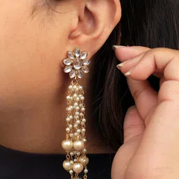 BeAbhika Kundan Studded & Beaded Tasselled Drop Earrings image 3