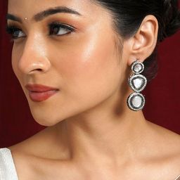 TEEJH Silver-Plated Oxidised Classic Artificial Stones Studded Drop Earrings image 5