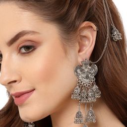 Shining Diva Silver-Toned Oxidised Contemporary Jhumkas with Chain Earrings-46