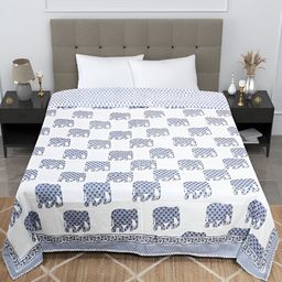 Bohekant White & Blue Floral Printed Cotton Double Bed Dohar-image-92