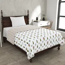 JAIPUR FABRIC White & Green Floral Mild Winter 120 GSM Single Bed Dohar-67