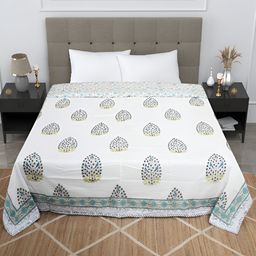 Bohekant White & Blue Floral Printed Cotton Double Bed Dohar-image-93
