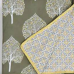 Comfowell White & Green Ethnic Motifs Cotton AC Room 110 GSM Double Bed Dohar-image-68