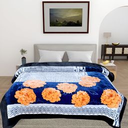 Bezzilish Home Navy Blue & Orange Floral Heavy Winter 600 GSM Double Bed Blanket-image-32