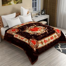 WINSTON HOME Beige & Red Floral Printed Microfiber Heavy Winter 600 GSM Double Bed Blanket-image-71