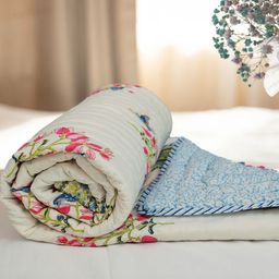 Baarno White & Blue Floral 300 GSM Single Bed Quilt-image-14