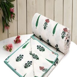 tundwal's White & Green Floral AC Room 210 GSM Cotton Double Bed Dohar-image-91
