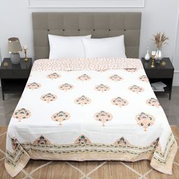 Bohekant White & Orange Floral Printed Cotton Double Bed Dohar-image-99