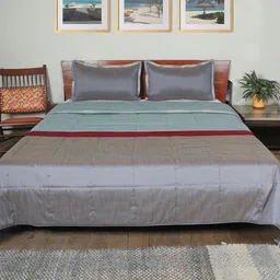 ZEBA Grey & Red 3 Pieces Striped AC Room 500 GSM Double Bed Quilt & 2 Pillow Covers-image-52