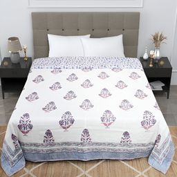 Bohekant White & Blue Floral Printed Cotton Double Bed Dohar-image-66