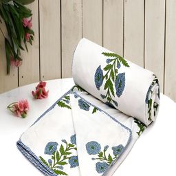 tundwal's White & Green Floral AC Room 210 GSM Cotton Double Bed Dohar-image-26