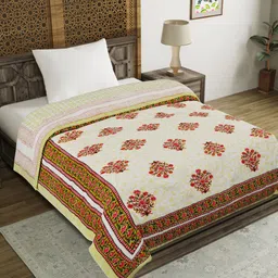 BLOCKS OF INDIA Green & Off White Ethnic Motifs Mild Winter 350 GSM Single Bed Quilt-image-65