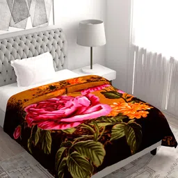 Spangle Coffee Brown & Magenta Floral Microfiber Heavy Winter 450 GSM Single Bed Blanket-image-2