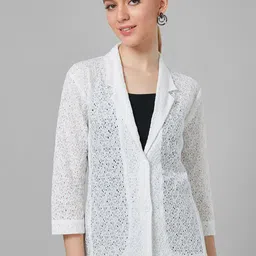 Style Quotient Women White Self-Design Cotton Single-Breasted Tailored-Fit Casual Blazer-43