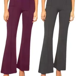 Pack of 2 Women Flared Purple, Grey Cotton Blend Trousers-image-77