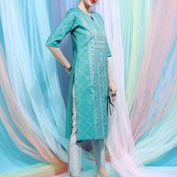 Vishudh Women Turquoise Blue & Silver-Toned Ethnic Motifs Printed Keyhole Neck Kurta-picture-25