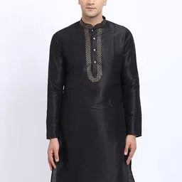 TREEMODA Men Black Yoke Design Thread Work Raw Silk Kurta-picture-9