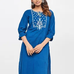 Global Desi Women Blue Floral Embroidered Kurta-picture-34