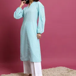 Vishudh Blue Floral Embroidered Puff Sleeve Pastels Cotton Straight Kurta-image-65