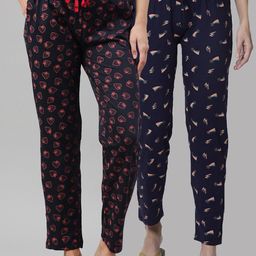 Kryptic Women Navy Blue Pack of 2 Printed Cotton Lounge Pants-image-60