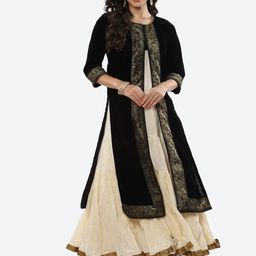 Biba Women Black & Cream-Coloured Ethnic Motifs Printed Velvet Anarkali Kurta-51