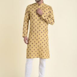 TABARD Men Beige Ethnic Motifs Printed Mandarin Collar Cotton Kurta-image-90