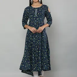 DEGE Women Navy Blue Floral Printed Cold-Shoulder Sleeves Crepe Anarkali Kurta-picture-22